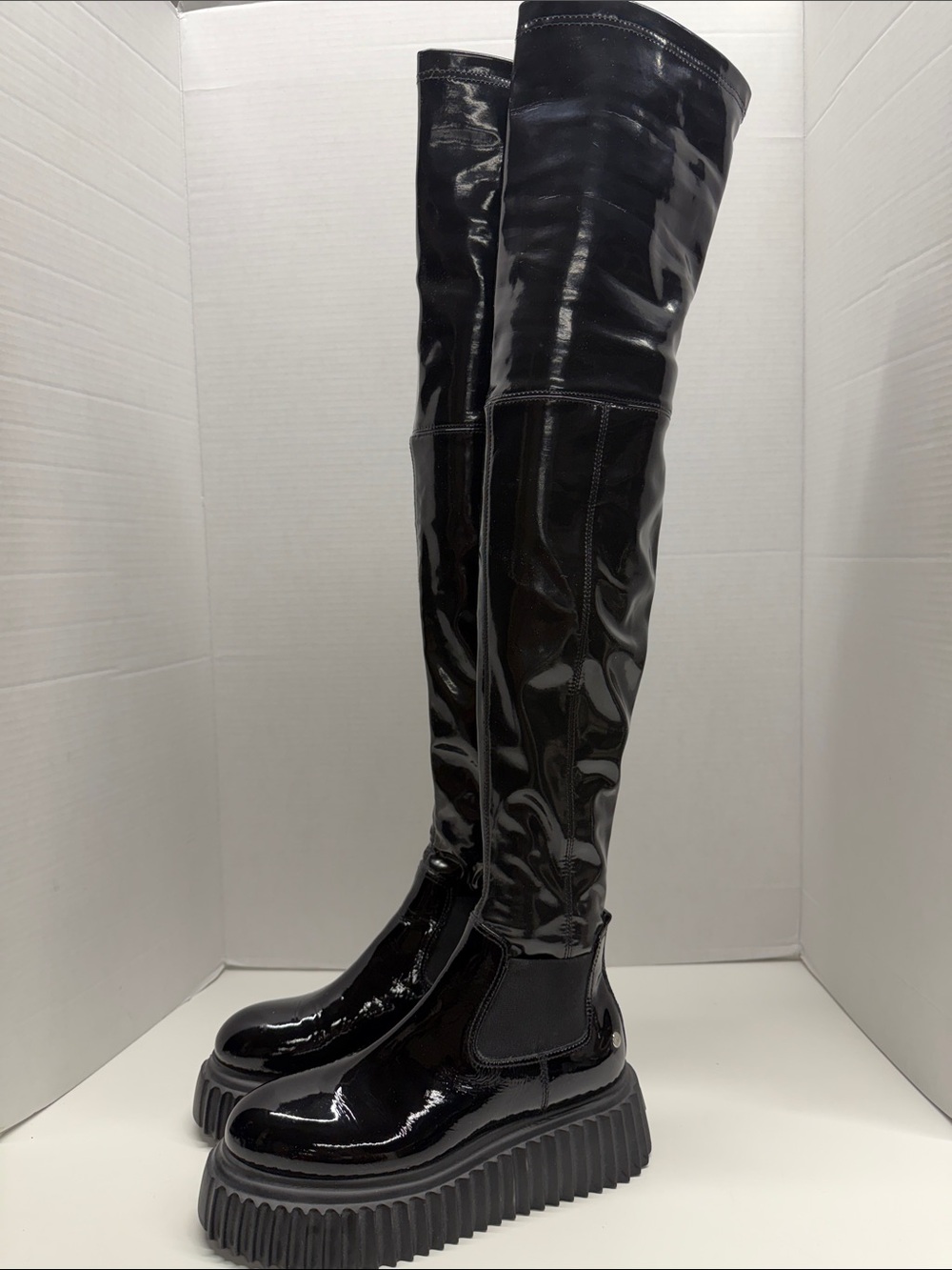 AGL Over The Knee Boots Tall Pull On Patent Shiny Leather Stretch Black Size 6.5 - Picture 5 of 9